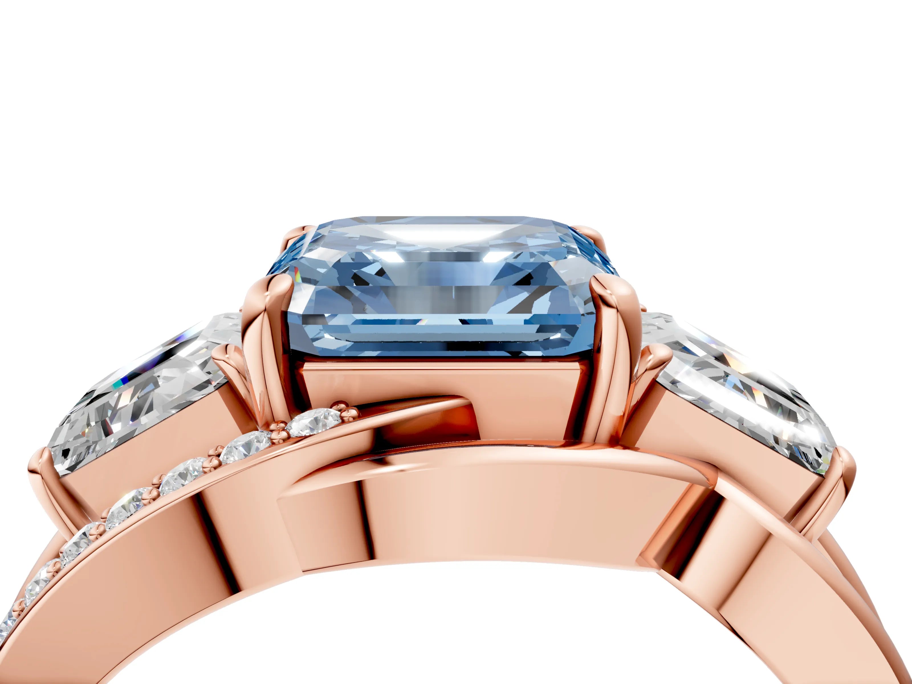 Rose gold Three-Stone Fancy Blue Asscher Cut Cut Diamond Split Shank Prong Set Ring_4