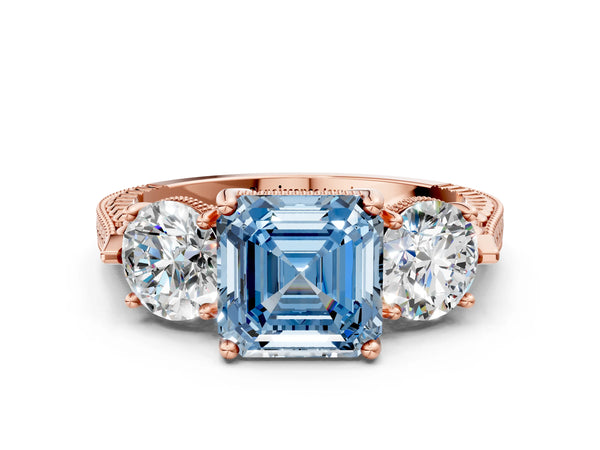 Rose Gold Asscher Cut Vintage Three Stone Engagement Ring Setting for Fancy Blue Center