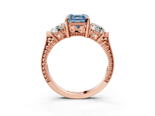 Rose Gold Asscher Cut Vintage Three Stone Engagement Ring Setting for Fancy Blue Center