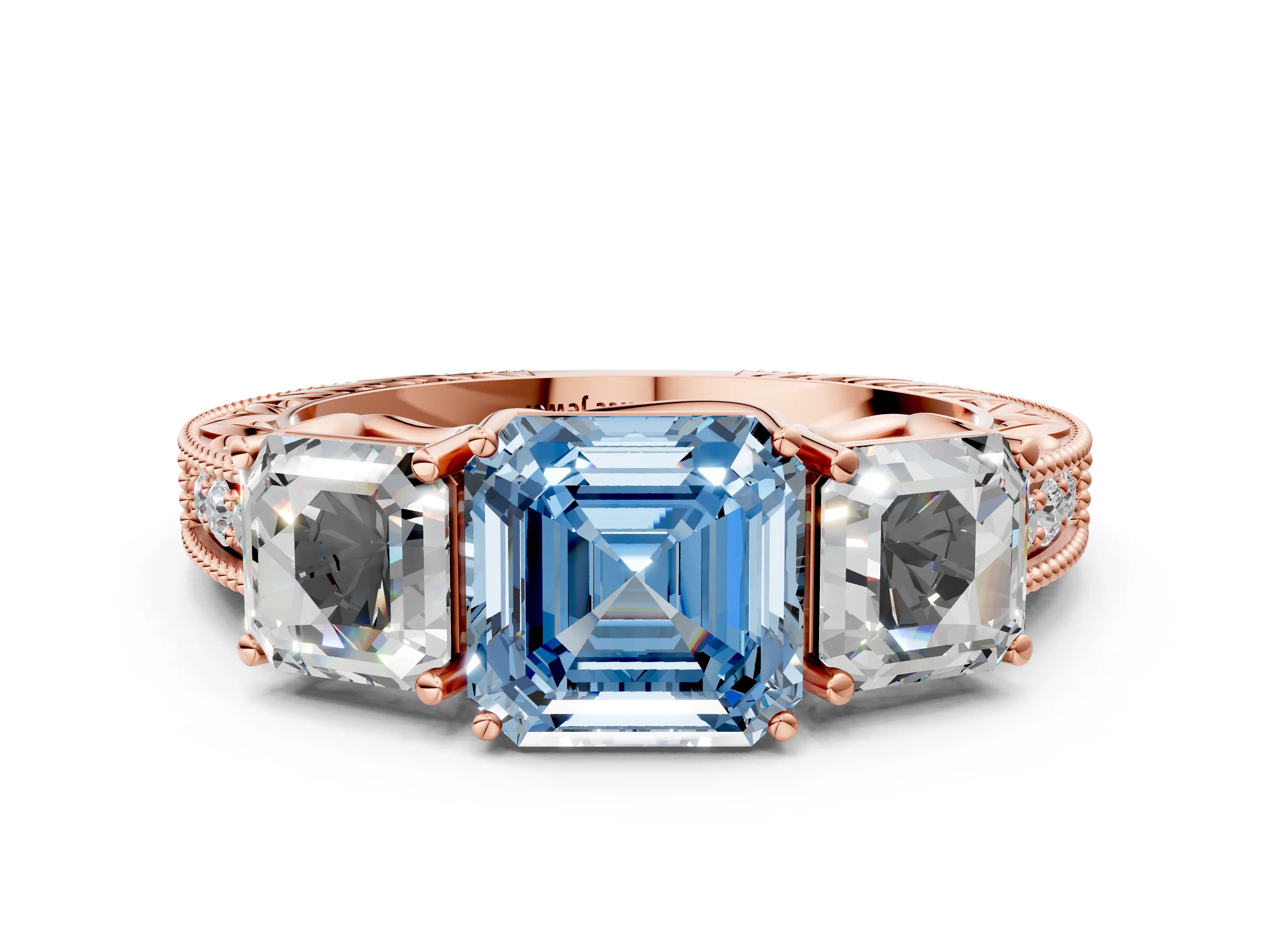Rose gold Three-Stone Fancy Blue Asscher Cut Cut Milgrain Pavé Engagement Ring_12