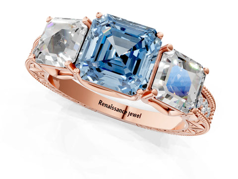 Rose gold Three-Stone Fancy Blue Asscher Cut Cut Milgrain Pavé Engagement Ring_13