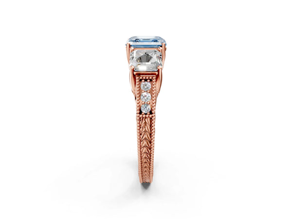 Rose Gold Asscher Cut Engraved Three Stone Engagement Ring Setting for Fancy Blue Center