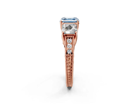 Rose gold Three-Stone Fancy Blue Asscher Cut Cut Milgrain Pavé Engagement Ring_14