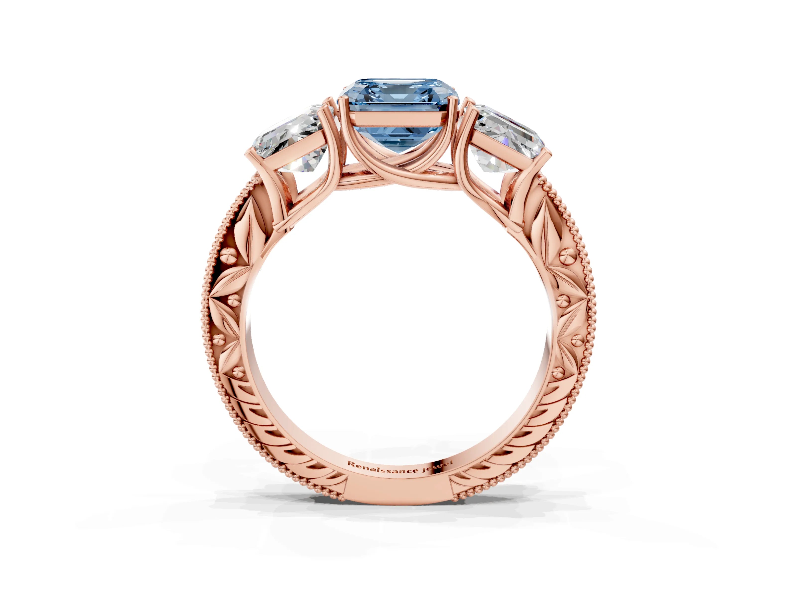 Rose gold Three-Stone Fancy Blue Asscher Cut Cut Milgrain Pavé Engagement Ring_15