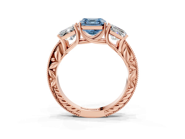 Rose Gold Asscher Cut Engraved Three Stone Engagement Ring Setting for Fancy Blue Center