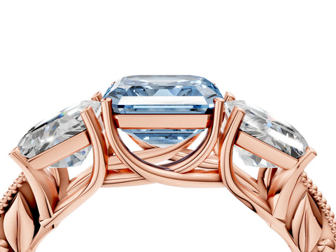 Rose gold Three-Stone Fancy Blue Asscher Cut Cut Milgrain Pavé Engagement Ring_16