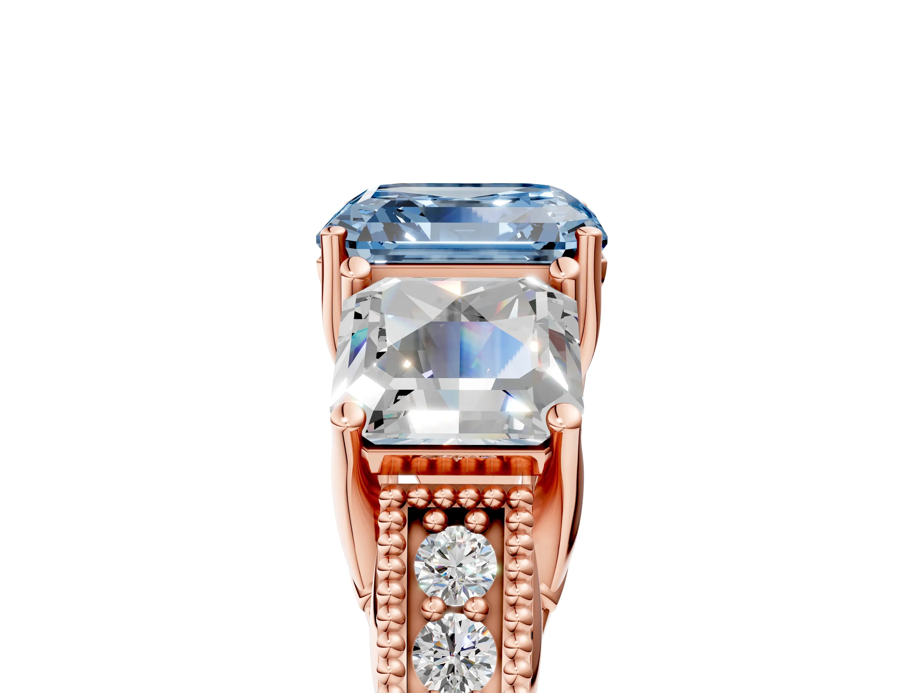 Rose gold Three-Stone Fancy Blue Asscher Cut Cut Milgrain Pavé Engagement Ring_17