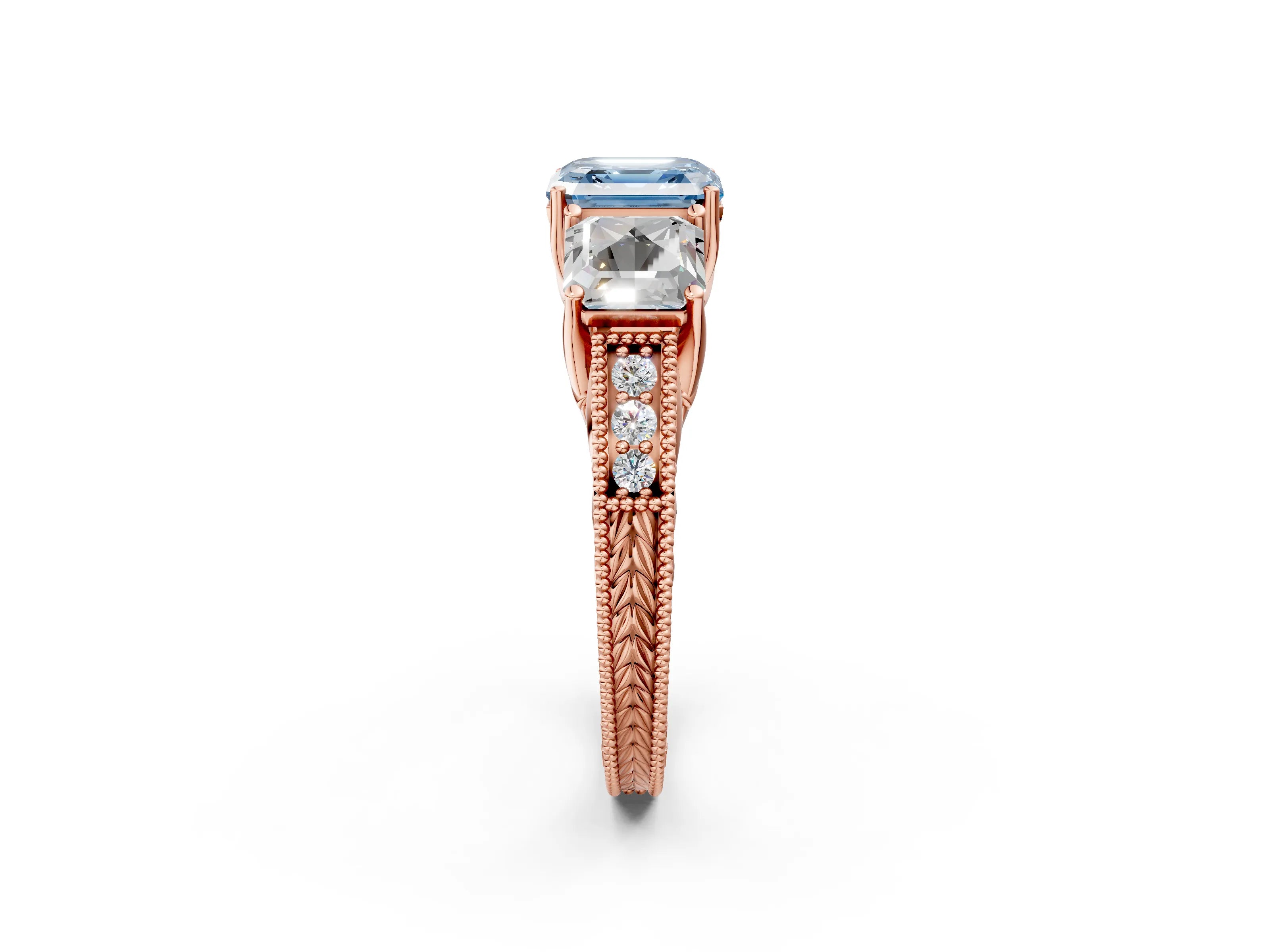 Rose gold Three-Stone Fancy Blue Asscher Cut Cut Milgrain Pavé Engagement Ring_2
