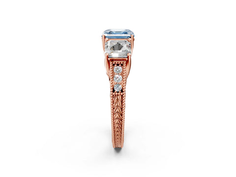 Rose gold Three-Stone Fancy Blue Asscher Cut Cut Milgrain Pavé Engagement Ring_2