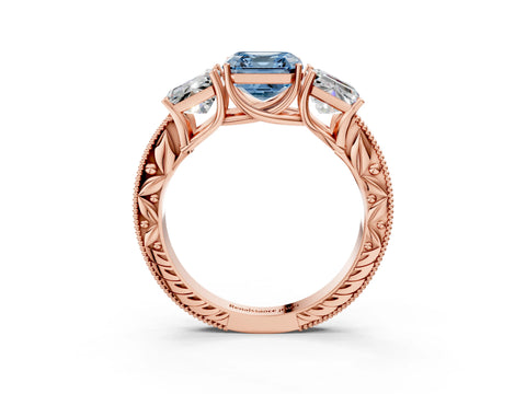 Rose gold Three-Stone Fancy Blue Asscher Cut Cut Milgrain Pavé Engagement Ring_3