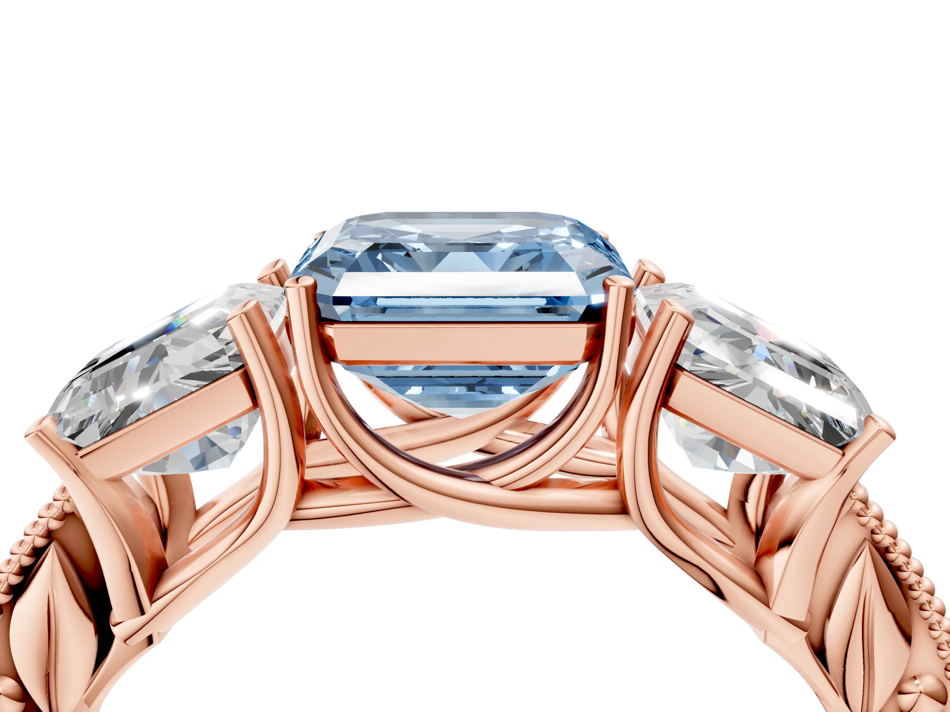 Rose gold Three-Stone Fancy Blue Asscher Cut Cut Milgrain Pavé Engagement Ring_4
