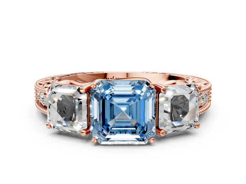 Rose gold Three-Stone Fancy Blue Asscher Cut Cut Milgrain Pavé Engagement Ring