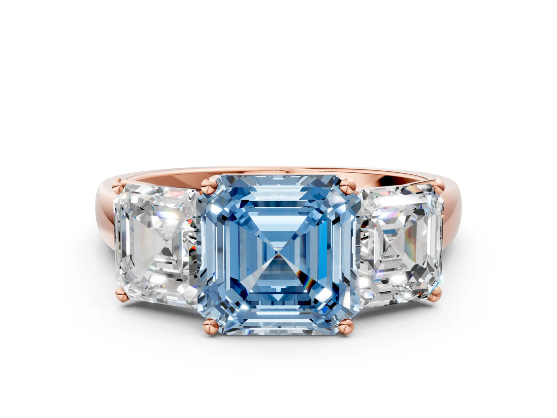 Rose gold Three-Stone Fancy Blue Asscher Cut Cut Solitaire Ring with Classic Prong Setting