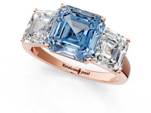 Rose gold Three-Stone Fancy Blue Asscher Cut Cut Solitaire Ring with Classic Prong Setting_1