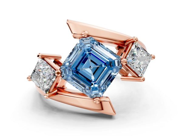 Rose gold Three-Stone Fancy Blue Asscher Cut Cut Tension Band Ring with Four-Prong Setting