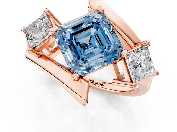 Rose gold Three-Stone Fancy Blue Asscher Cut Cut Tension Band Ring with Four-Prong Setting