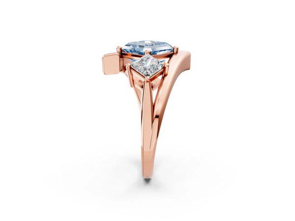Rose gold Three-Stone Fancy Blue Asscher Cut Cut Tension Band Ring with Four-Prong Setting