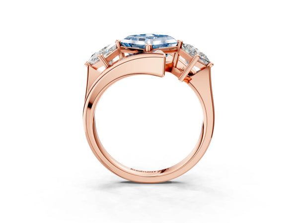 Rose gold Three-Stone Fancy Blue Asscher Cut Cut Tension Band Ring with Four-Prong Setting
