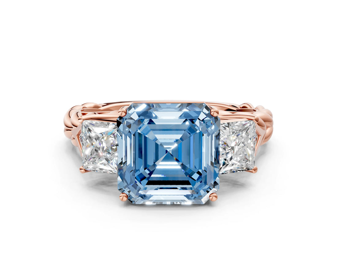 Rose gold Three-Stone Fancy Blue Asscher Cut Diamond Braided Band Ring with Four-Prong Setting_54