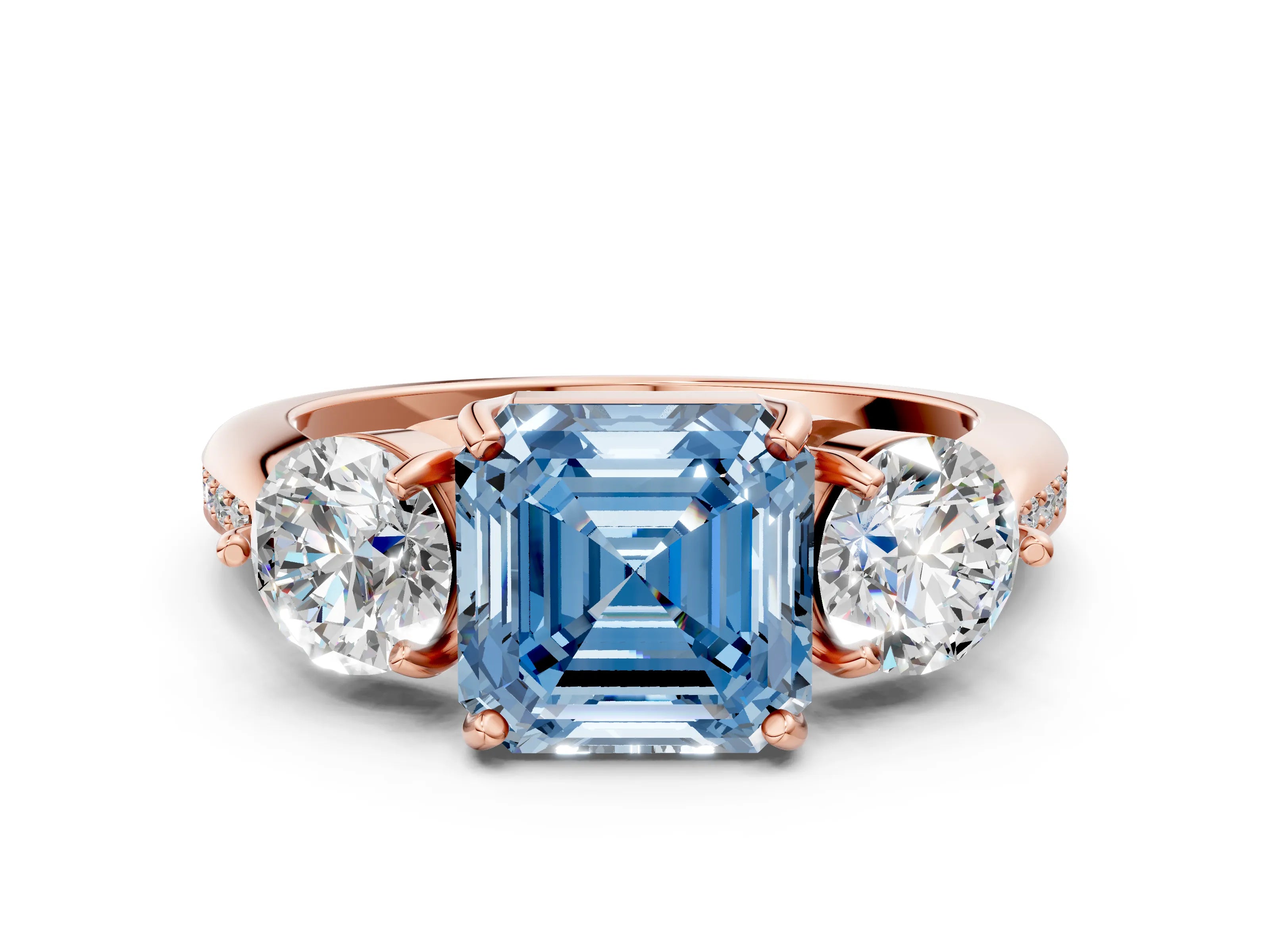 Rose gold Three-Stone Fancy Blue Asscher Cut Diamond Channel Set Engagement Ring with Prong Setting