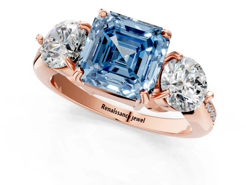 Rose gold Three-Stone Fancy Blue Asscher Cut Diamond Channel Set Engagement Ring with Prong Setting_1