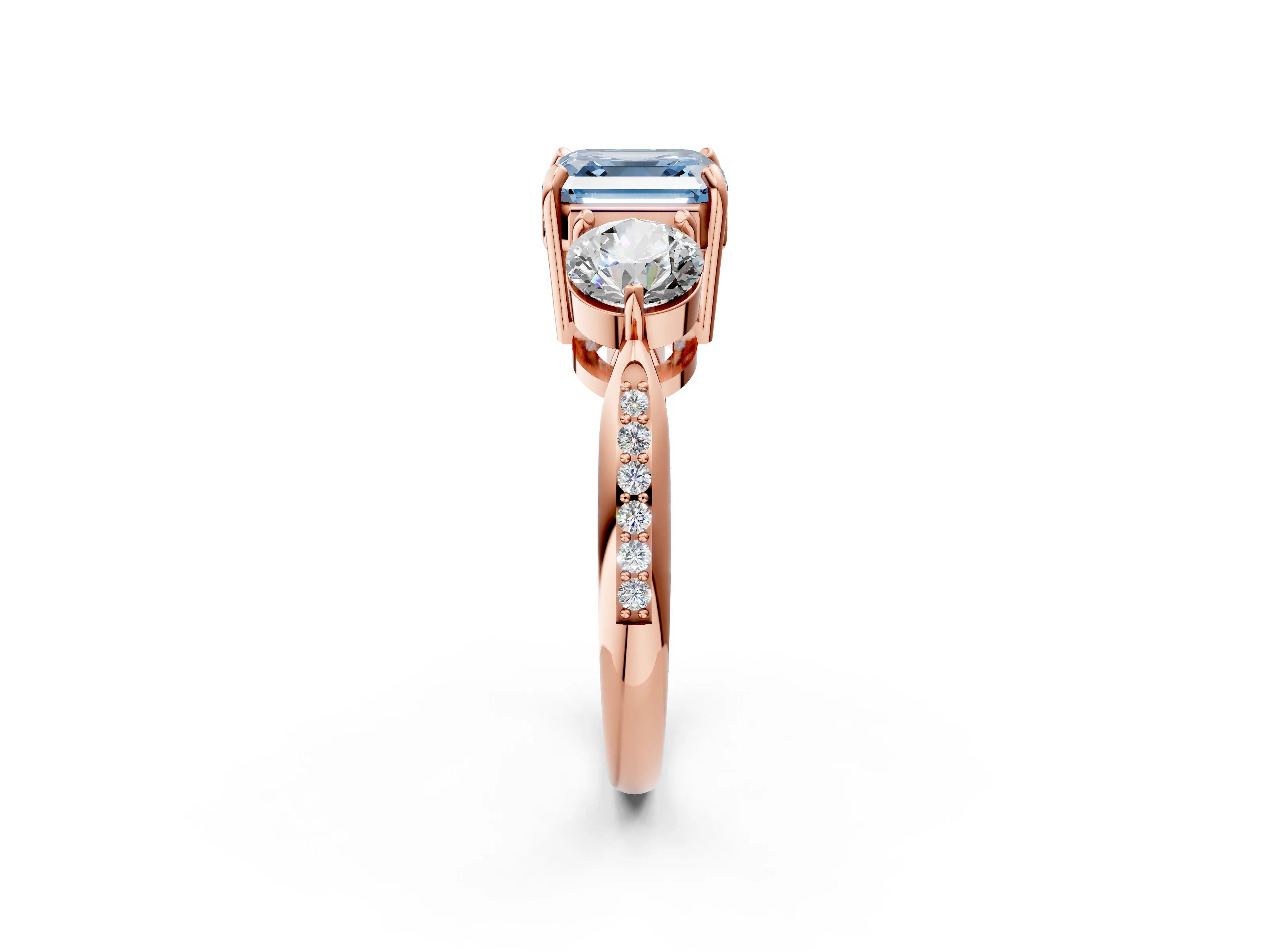 Rose gold Three-Stone Fancy Blue Asscher Cut Diamond Channel Set Engagement Ring with Prong Setting_2
