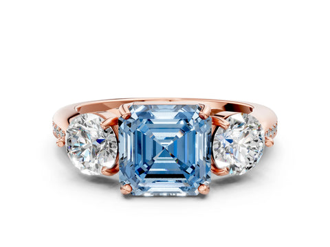 Rose gold Three-Stone Fancy Blue Asscher Cut Diamond Channel Set Engagement Ring with Prong Setting