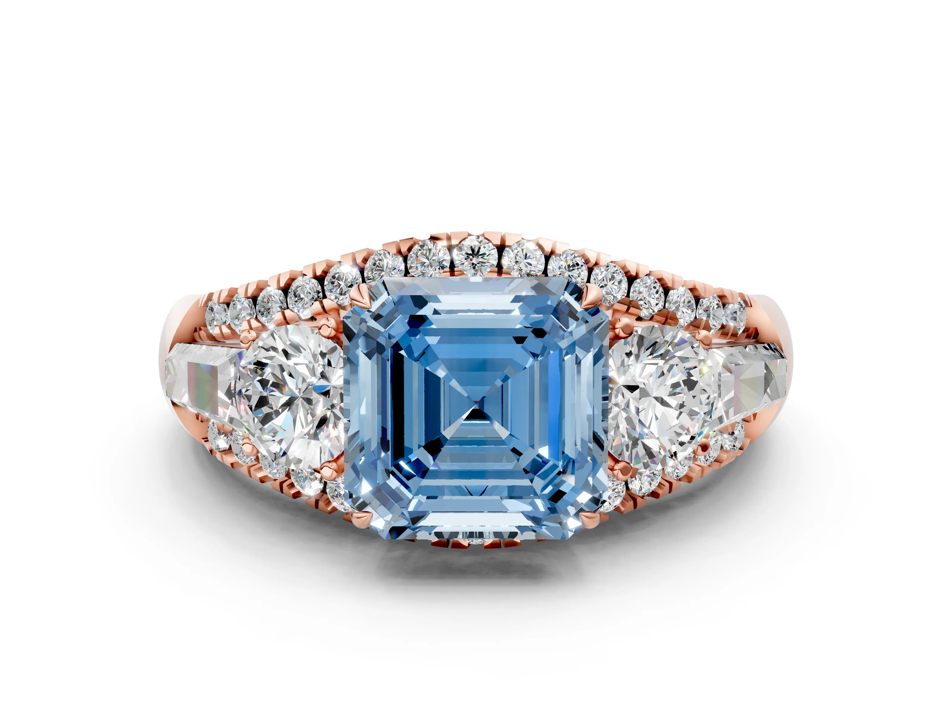 Rose gold Three-Stone Fancy Blue Asscher Cut Diamond Engagement Ring with Pave Band and Prong Setting