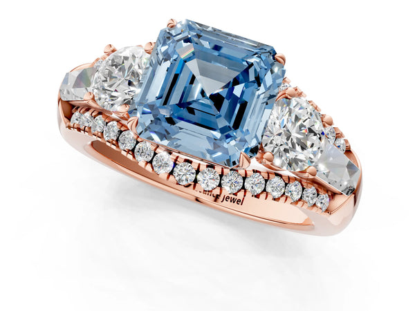 Rose Gold Asscher Cut Five Stone Baguette Engagement Ring Setting for Fancy Blue Center