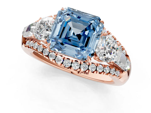Rose gold Three-Stone Fancy Blue Asscher Cut Diamond Engagement Ring with Pave Band and Prong Setting_1
