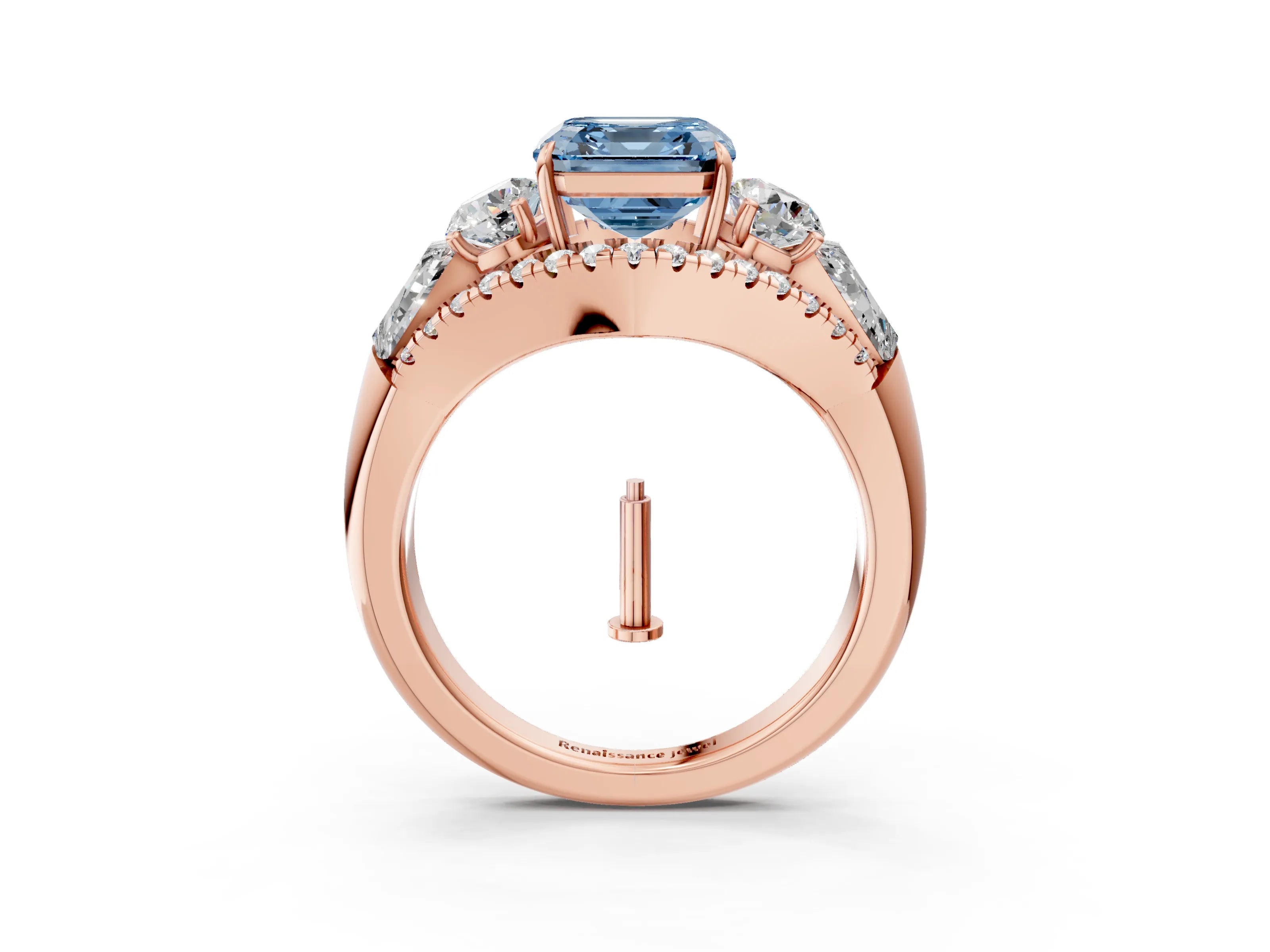 Rose gold Three-Stone Fancy Blue Asscher Cut Diamond Engagement Ring with Pave Band and Prong Setting_3