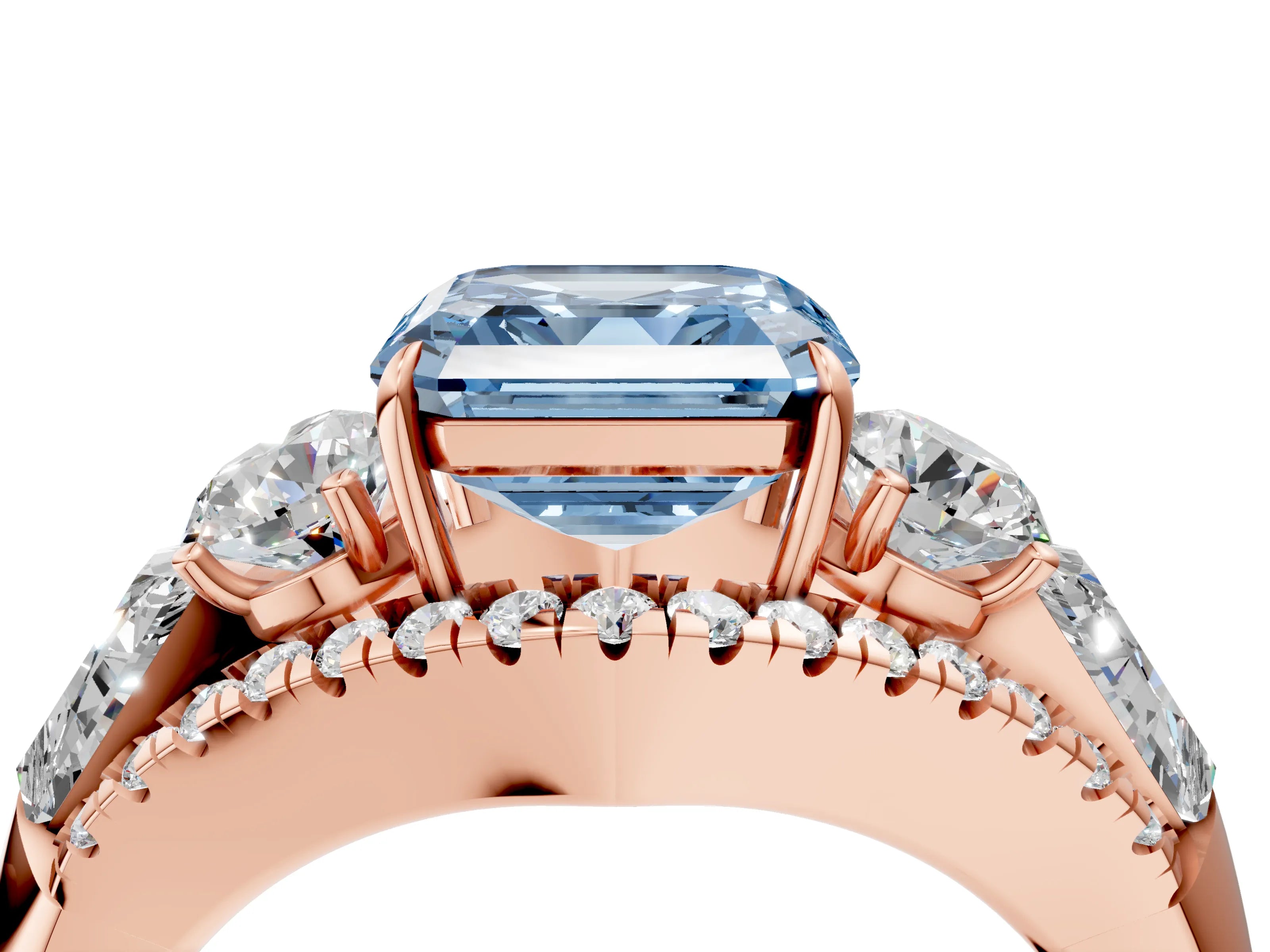 Rose gold Three-Stone Fancy Blue Asscher Cut Diamond Engagement Ring with Pave Band and Prong Setting_4