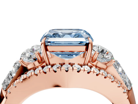 Rose gold Three-Stone Fancy Blue Asscher Cut Diamond Engagement Ring with Pave Band and Prong Setting_4