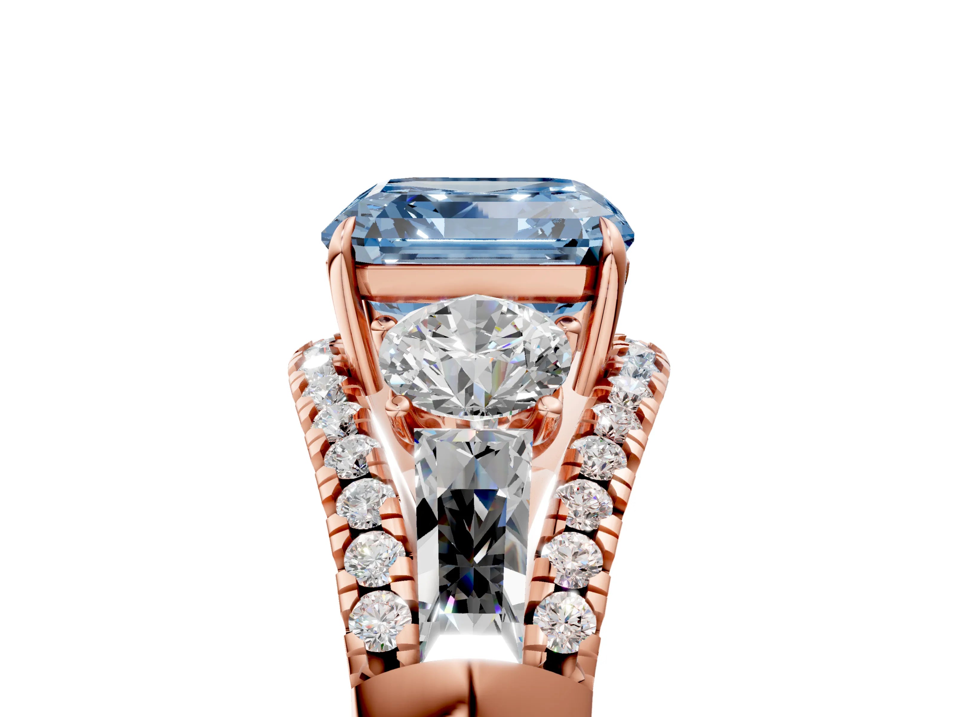 Rose gold Three-Stone Fancy Blue Asscher Cut Diamond Engagement Ring with Pave Band and Prong Setting_5