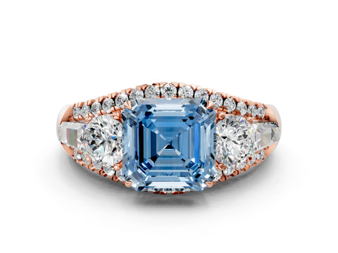 Rose gold Three-Stone Fancy Blue Asscher Cut Diamond Engagement Ring with Pave Band and Prong Setting