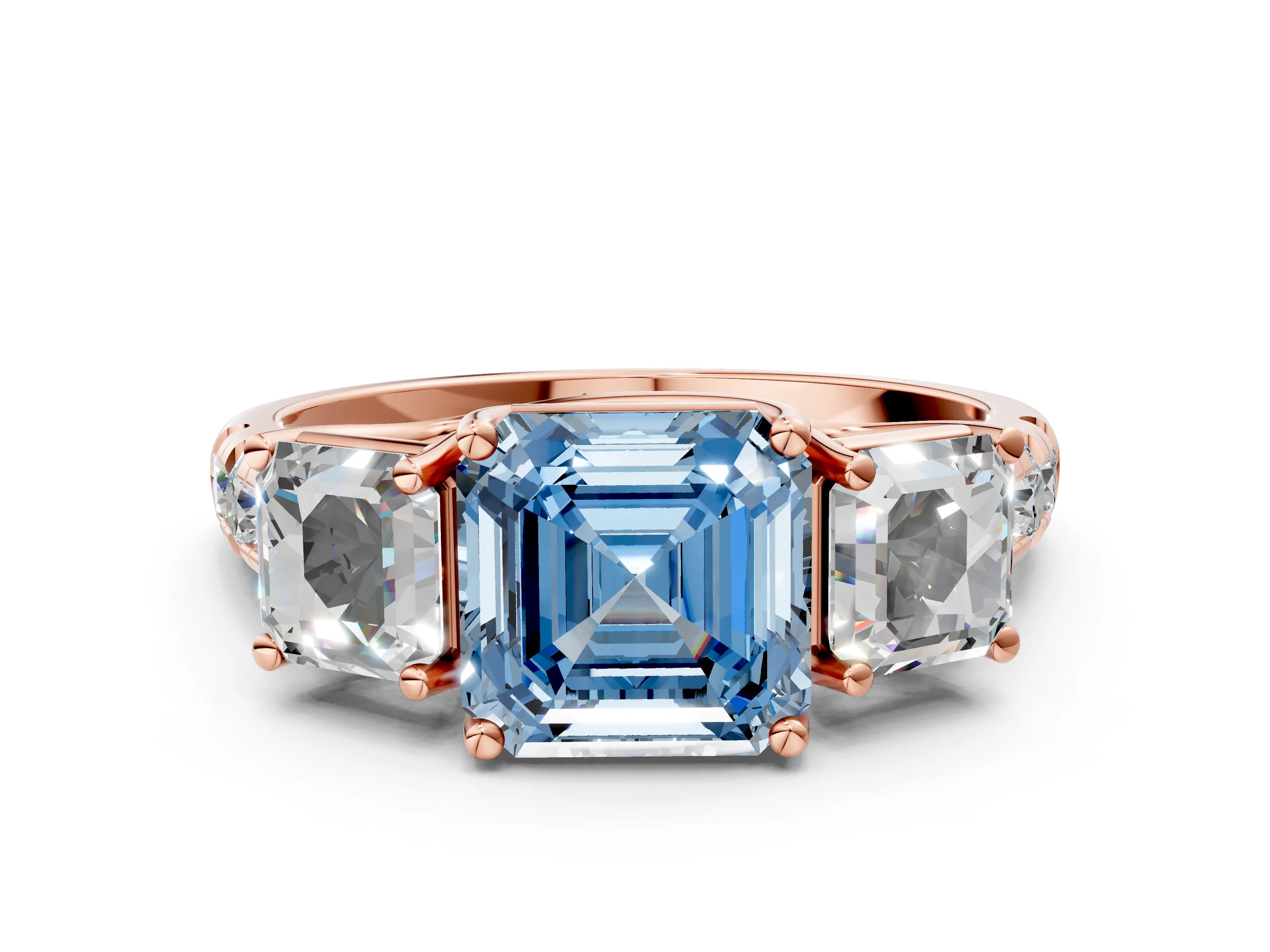 Rose gold Three-Stone Fancy Blue Asscher Cut Diamond Pavé Band with Prong Setting