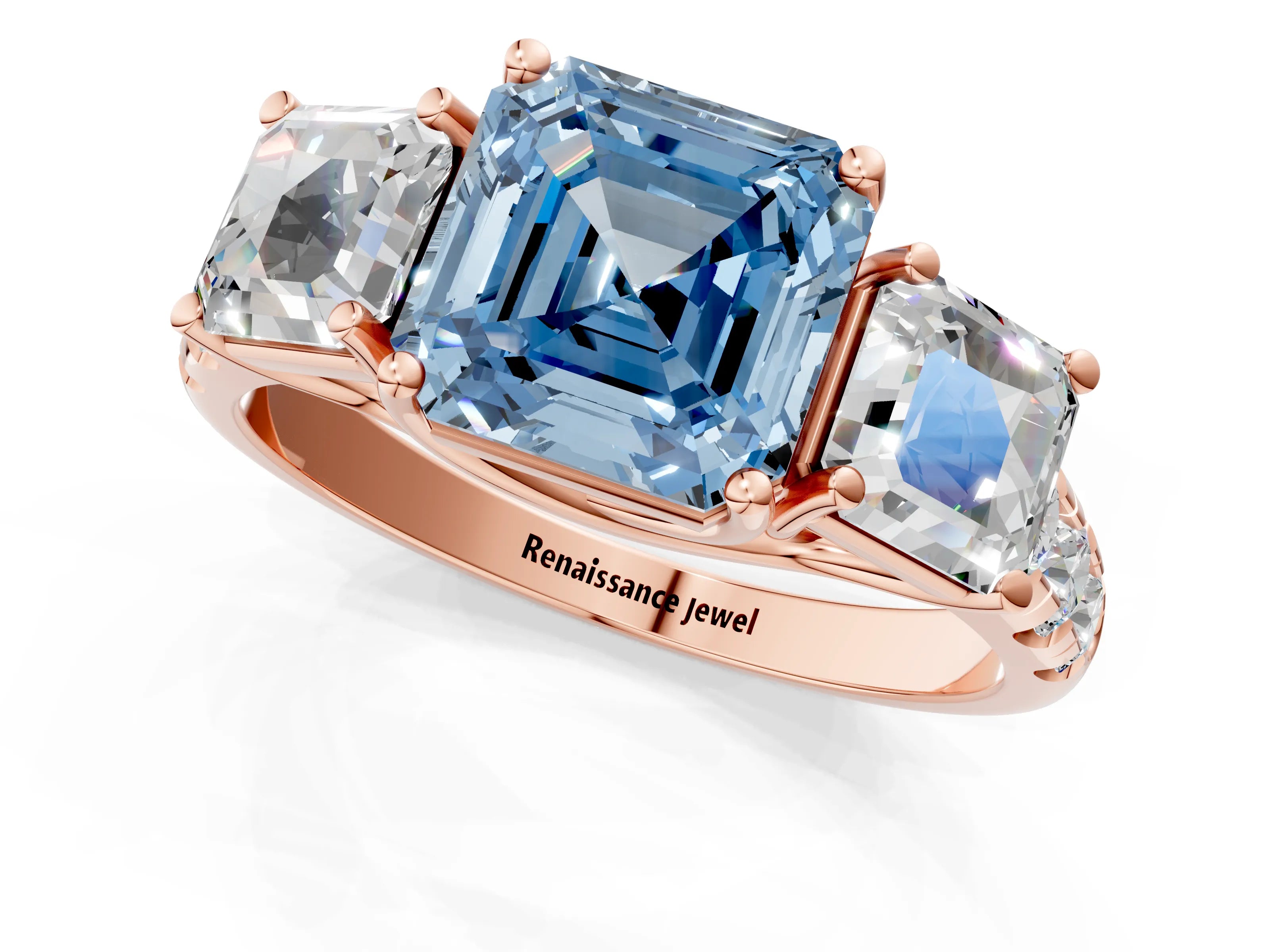 Rose gold Three-Stone Fancy Blue Asscher Cut Diamond Pavé Band with Prong Setting_1