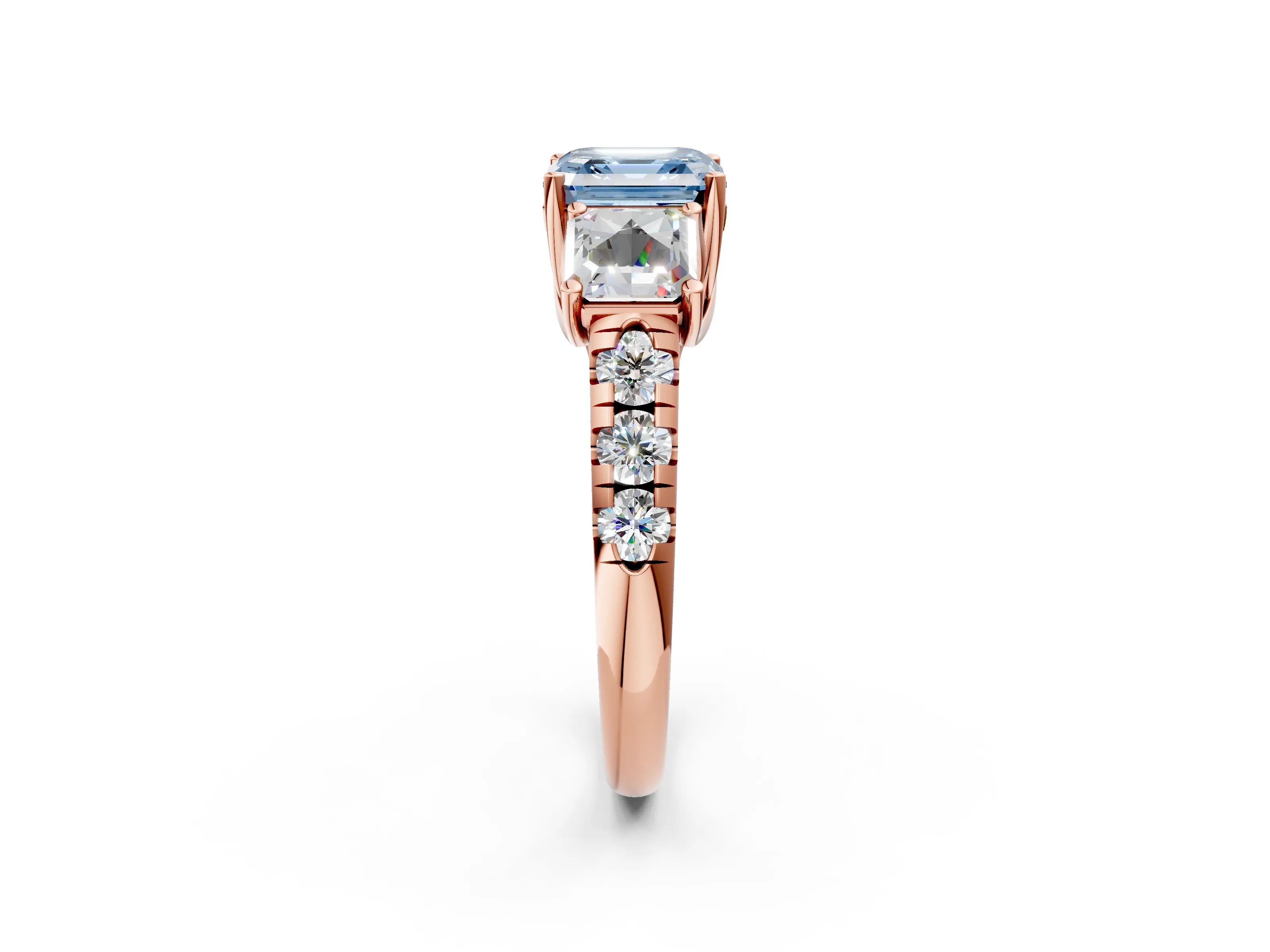 Rose gold Three-Stone Fancy Blue Asscher Cut Diamond Pavé Band with Prong Setting_2