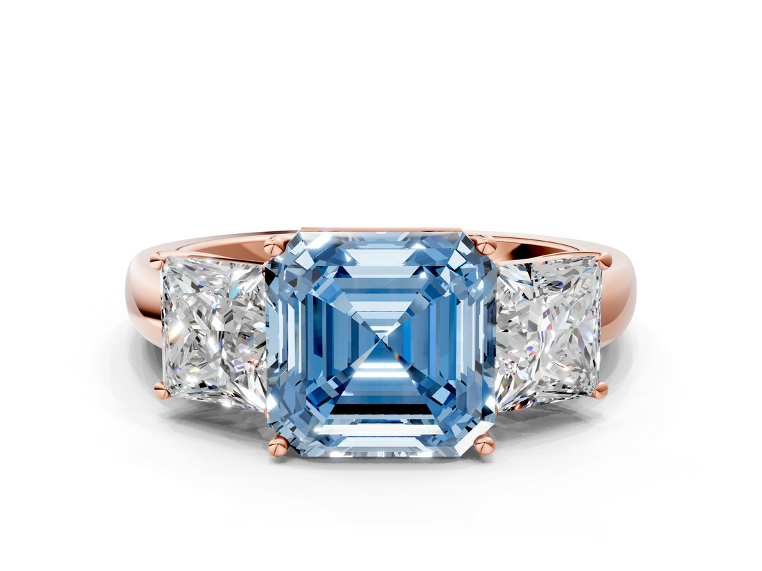 Rose gold Three-Stone Fancy Blue Asscher  Cut Diamond Ring with Channel-Set Band and Four-Prong Setting_17