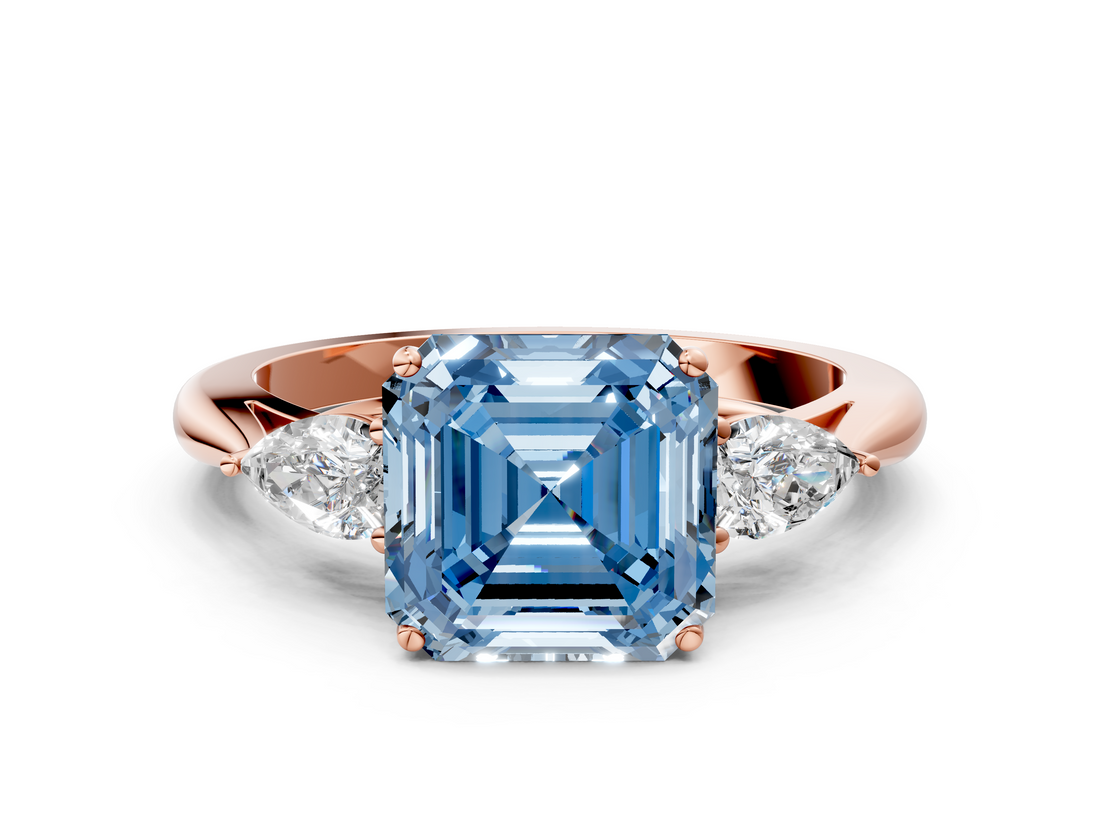 Rose gold Three-Stone Fancy Blue Asscher  Cut Diamond Ring with Pear Side Stones in Four-Prong Setting_18