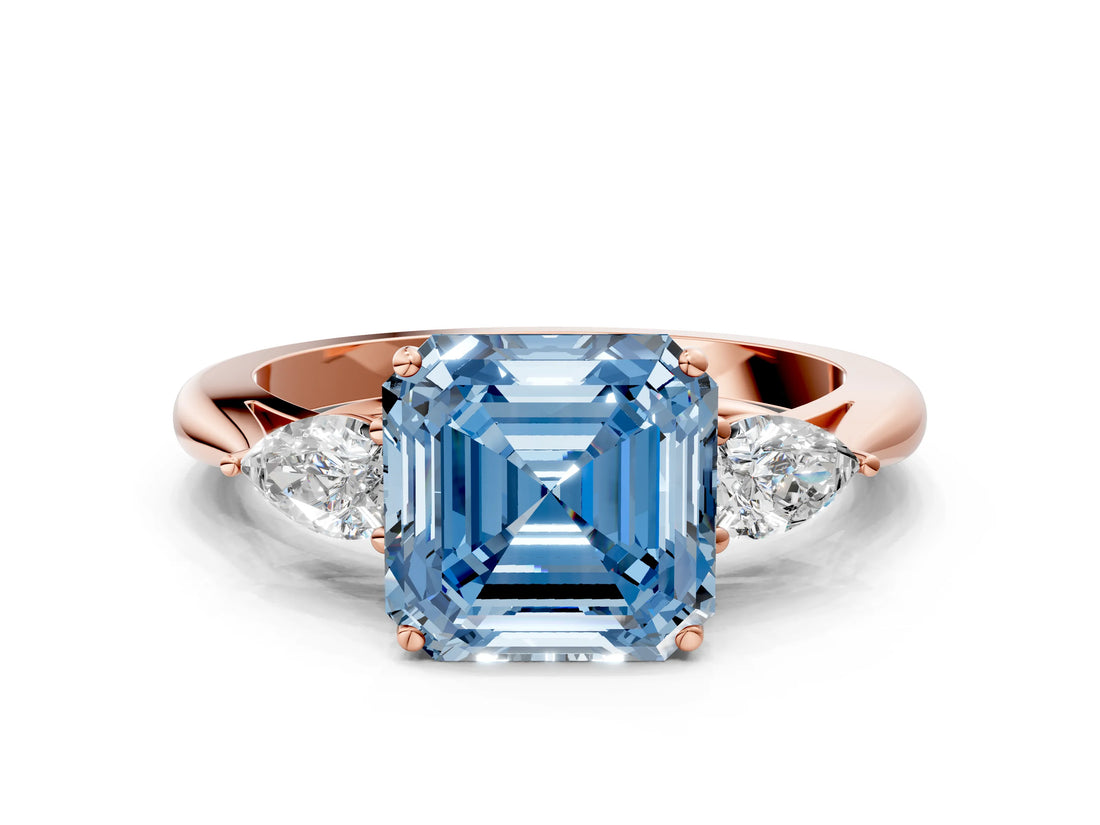 Rose gold Three-Stone Fancy Blue Asscher Cut Diamond Ring with Pear  Side Stones in Four-Prong Setting_48