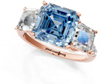 Rose gold Three-Stone Fancy Blue Asscher Cut Diamond Ring with Round  Pavé Band and Prong Setting_100