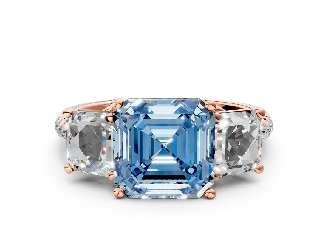 Rose gold Three-Stone Fancy Blue Asscher Cut Diamond Ring with Round  Pavé Band and Prong Setting_12