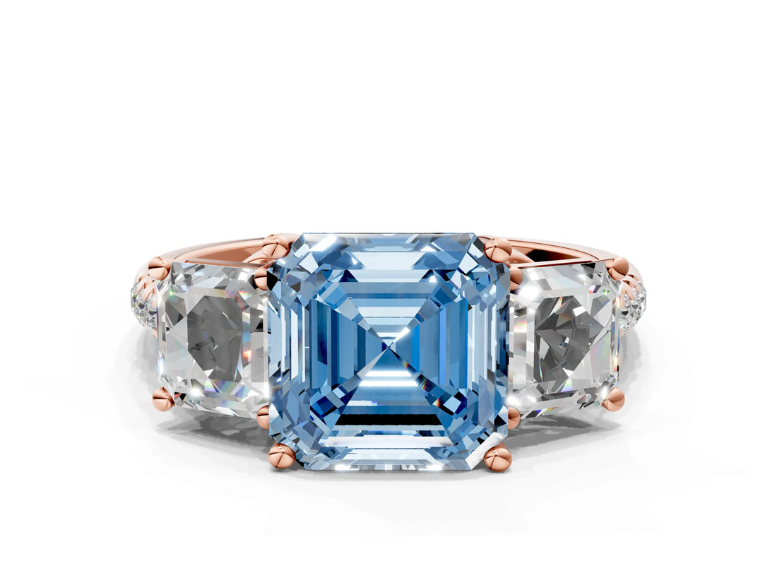 Rose gold Three-Stone Fancy Blue Asscher Cut Diamond Ring with Round  Pavé Band and Prong Setting_99