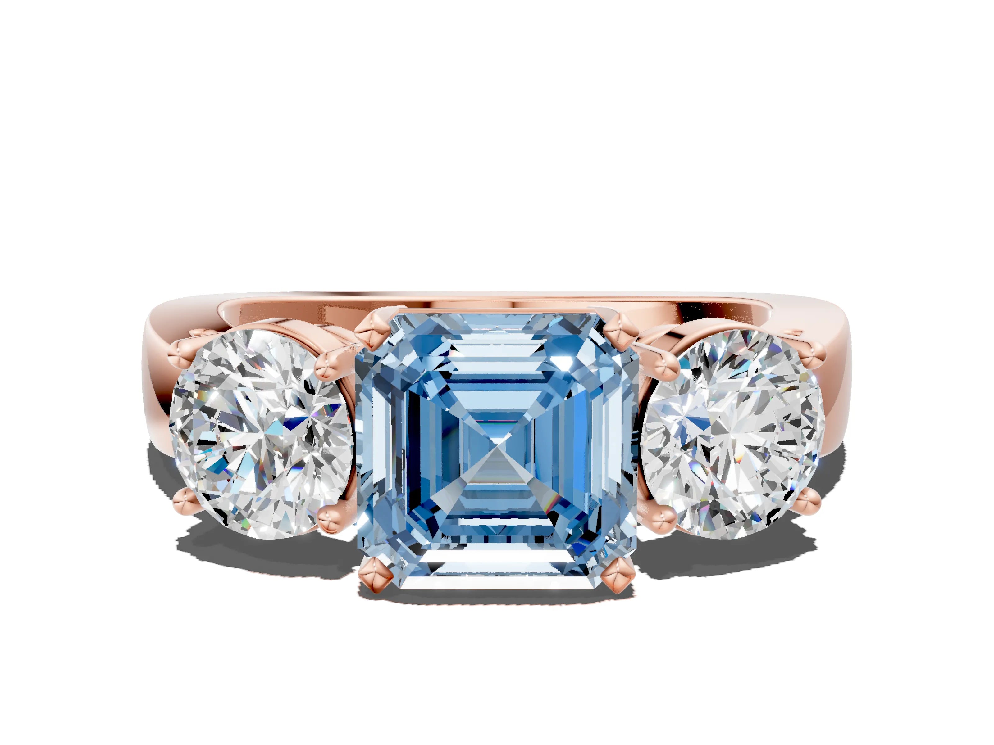Rose gold Three-Stone Fancy Blue Asscher Cut Diamond Ring with Round Side Stones, Classic Band, and Four-Prong Setting