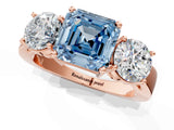 Rose gold Three-Stone Fancy Blue Asscher Cut Diamond Ring with Round Side Stones, Classic Band, and Four-Prong Setting_1