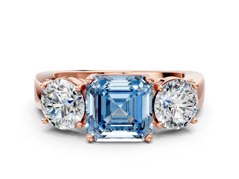 Rose gold Three-Stone Fancy Blue Asscher Cut Diamond Ring with Round Side Stones, Classic Band, and Four-Prong Setting_12