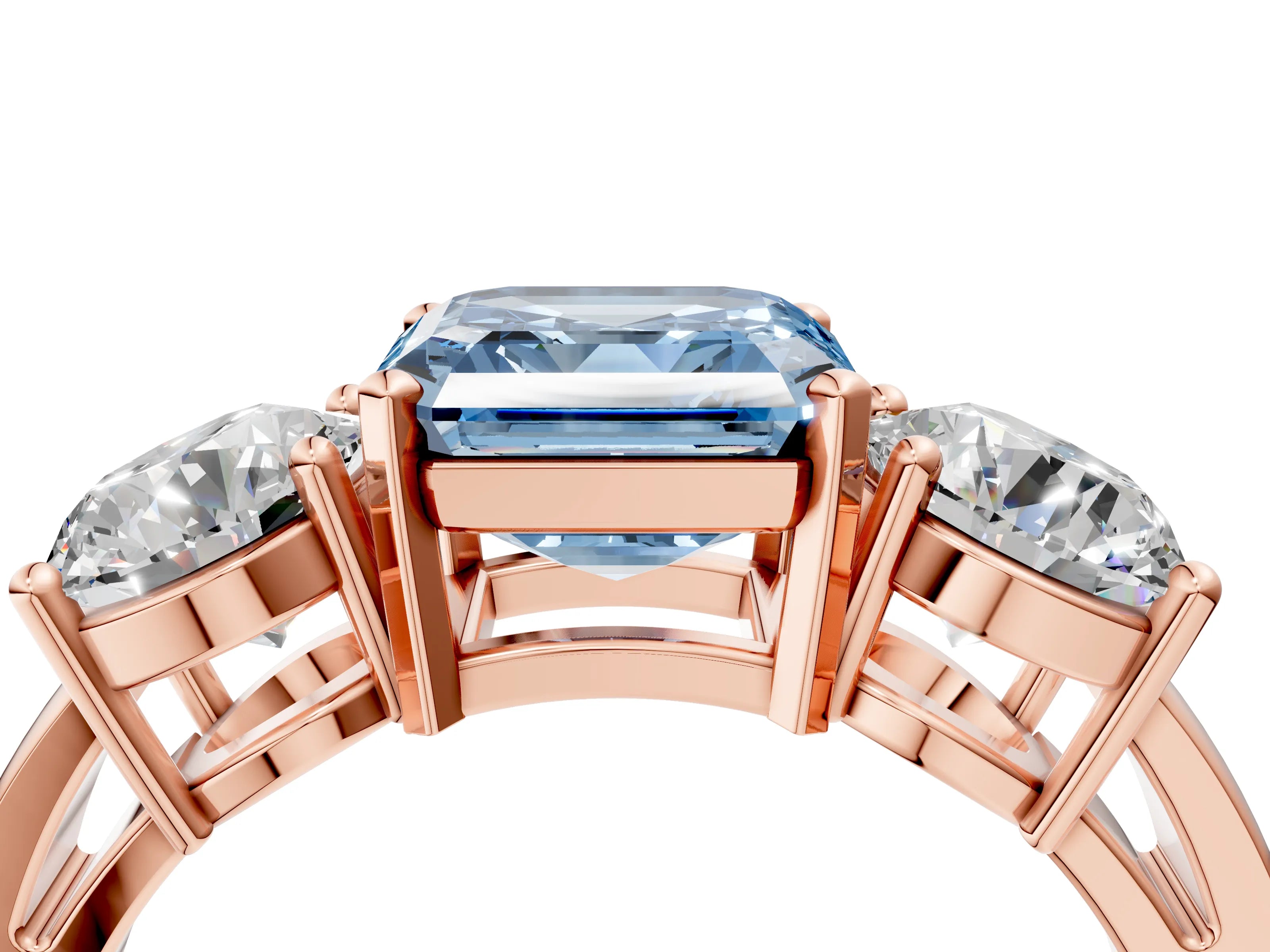 Rose gold Three-Stone Fancy Blue Asscher Cut Diamond Ring with Round Side Stones, Classic Band, and Four-Prong Setting_16