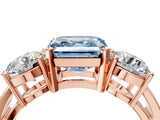 Rose gold Three-Stone Fancy Blue Asscher Cut Diamond Ring with Round Side Stones, Classic Band, and Four-Prong Setting_16