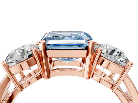 Rose gold Three-Stone Fancy Blue Asscher Cut Diamond Ring with Round Side Stones, Classic Band, and Four-Prong Setting_16